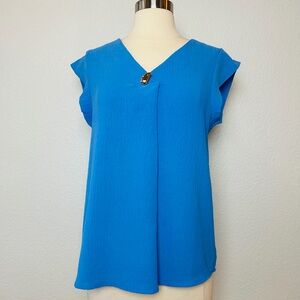 NWT AZ Fashion Blouse Women's L/XL Blue Relaxed Fit Cap Sleeve Vacation Cruise